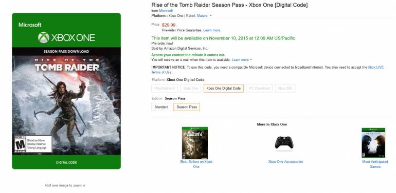 Square Enix - AMAZON «случайно» анонсировала сезонный пропуск для Rise of the Tomb Raider, стоимость $30 - screenshot 1