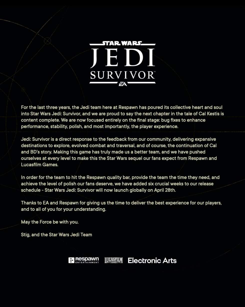 Star Wars Jedi: Survivor перенесли на шесть недель — релиз запланирова