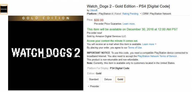 Watch Dogs 2 - Watch Dogs 2: Gold Edition просочилось на Amazon - screenshot 1