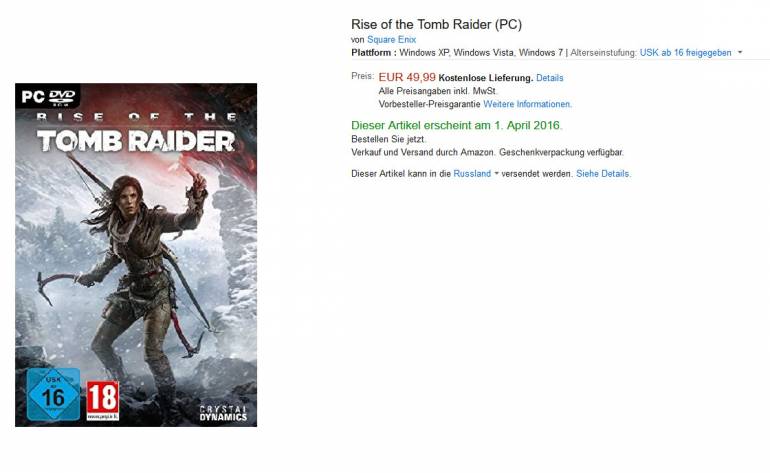 Rise of The Tomb Raider - Amazon слил дату выхода Rise of the Tomb Raider на PC? - screenshot 1