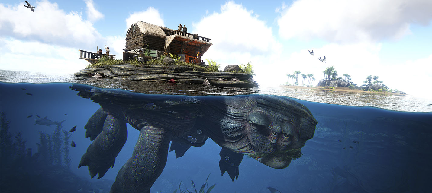 Изображение к В Ark: Survival Evolved вы сможете приручить гигантскую морскую черепаху и построить дом на ее спине
