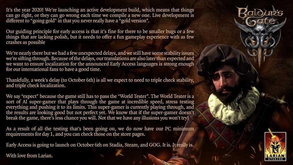 Релиз Baldur's Gate III в раннем доступен отложен до 6 октября