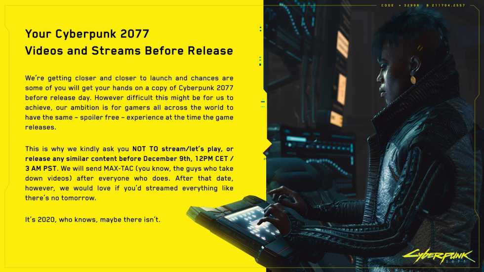 CD Projekt RED просит не стримить Cyberpunk 2077 до релиза