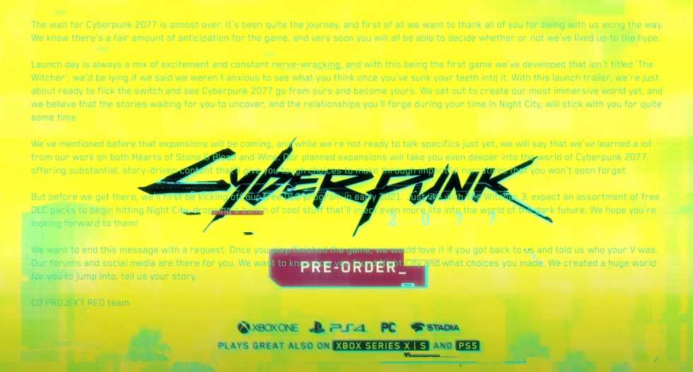 Бесплатные дополнения для Cyberpunk 2077 начнут выходить в начале 2021
