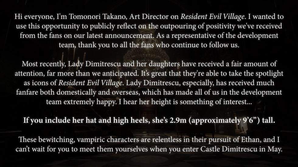 Теперь официально: Рост Леди Димитреску в Resident Evil 8: Village поч
