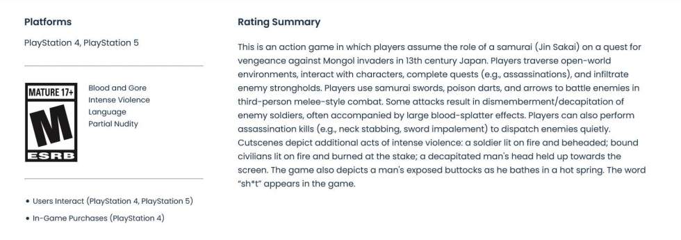 Ghost of Tsushima: Director's Cut получила возрастной рейтинг для PS4