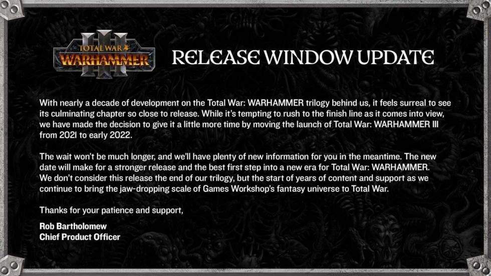 Total War: Warhammer III перенесли на 2022 год