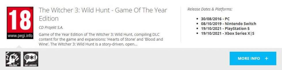 The Witcher 3: Wild Hunt для PS5 и Xbox Series получили возрастной рей