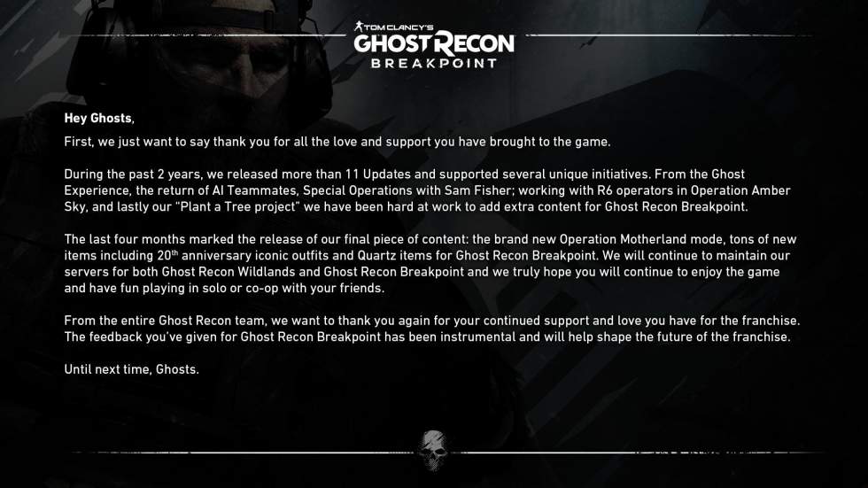 Ubisoft прекращает выпуск обновлений для Ghost Recon Breakpoint