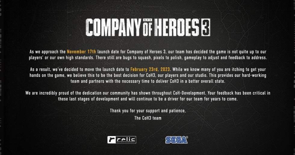Relic Entertainment - Релиз Company of Heroes 3 перенесли на Февраль 2023 года - screenshot 1