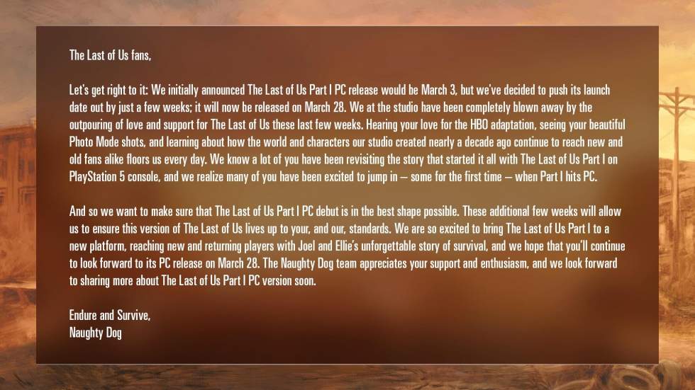 Релиз ремейка The Last of Us Part I на PC отложен до 28 марта