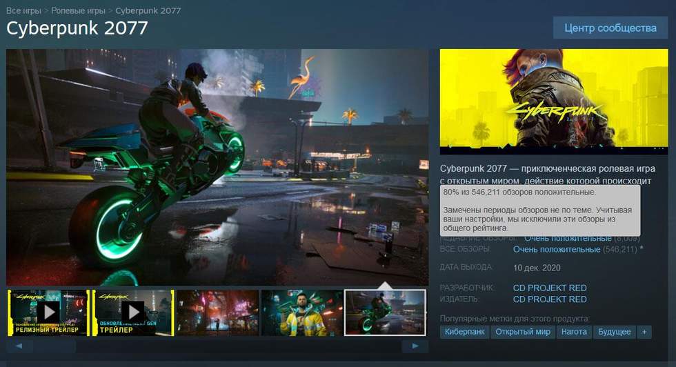 Пользовательские обзоры Cyberpunk 2077 в Steam выровнялись до «очень п
