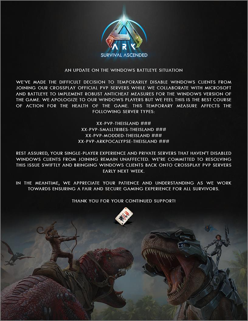 Studio Wildcard отключила в PC-версии Ark: Survival Ascended кроссплей