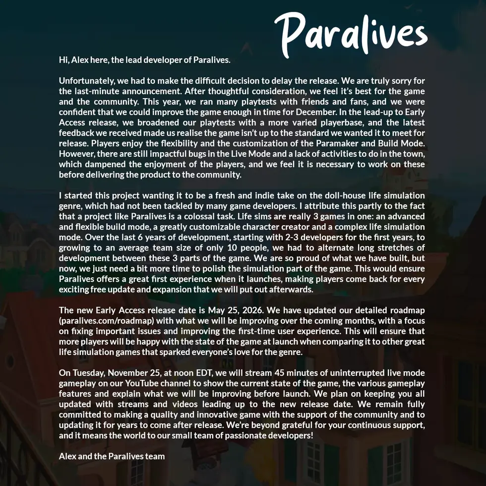 Запуск раннего доступа симулятора жизни Paralives отложили до мая 2026 года